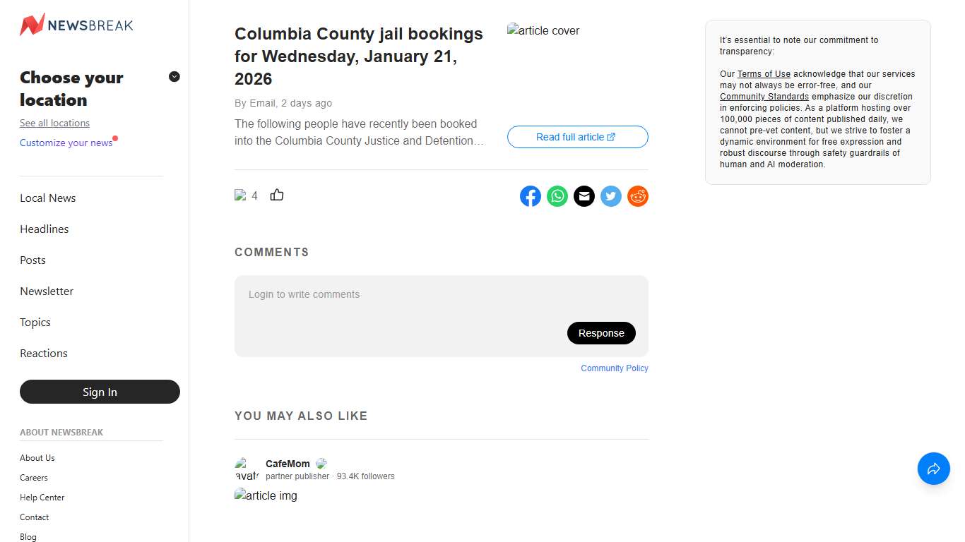 Columbia County jail bookings for Wednesday, January 21, 2026 - NewsBreak